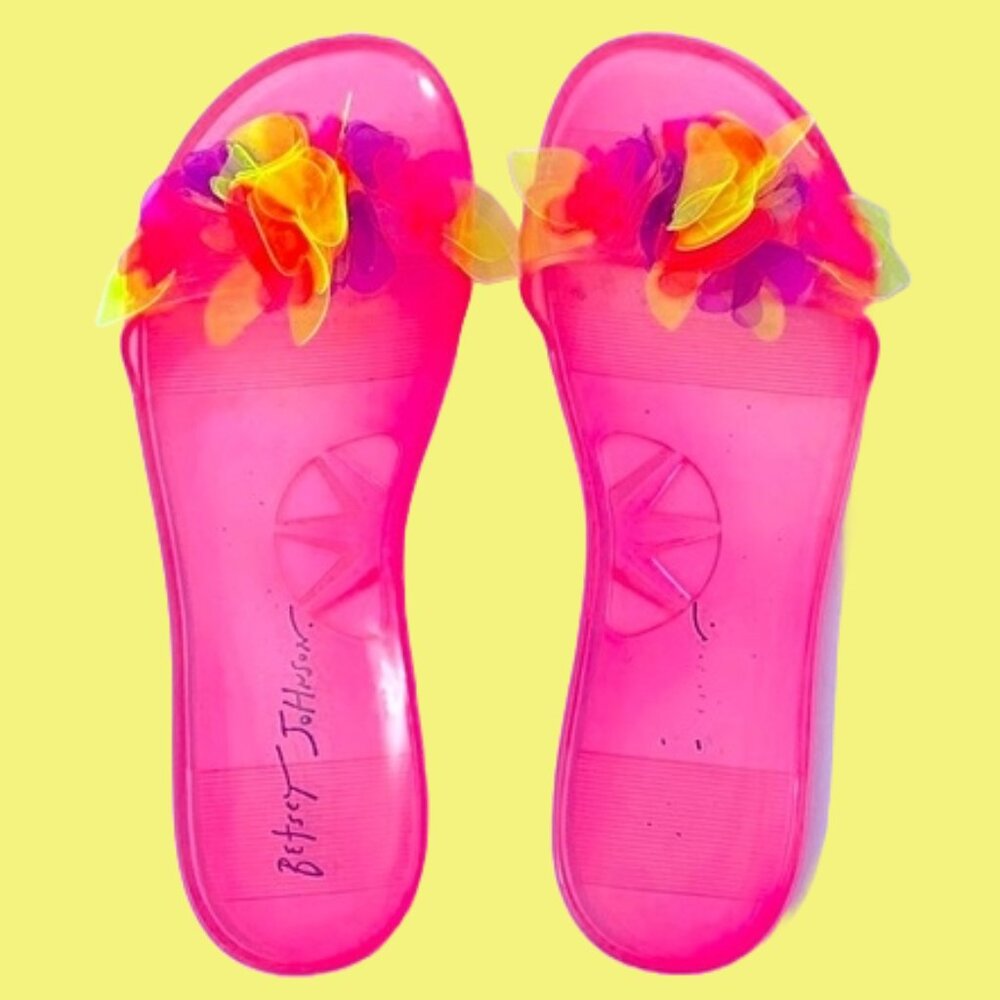 Barbiecore Betsy Johnson Hot Pink Neon 3D Flower Slides Jelly Sandals Be…